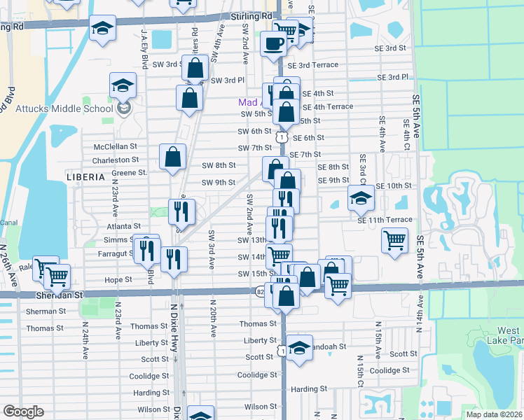 map of restaurants, bars, coffee shops, grocery stores, and more near 54 Southwest 11th Street in Dania Beach