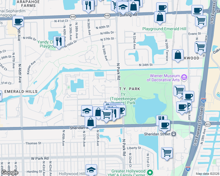 map of restaurants, bars, coffee shops, grocery stores, and more near 3351 Oak Drive in Hollywood