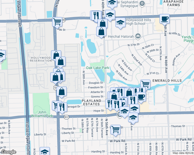 map of restaurants, bars, coffee shops, grocery stores, and more near 3025 North 57th Drive in Hollywood