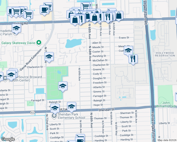 map of restaurants, bars, coffee shops, grocery stores, and more near 6791 Greene Street in Hollywood
