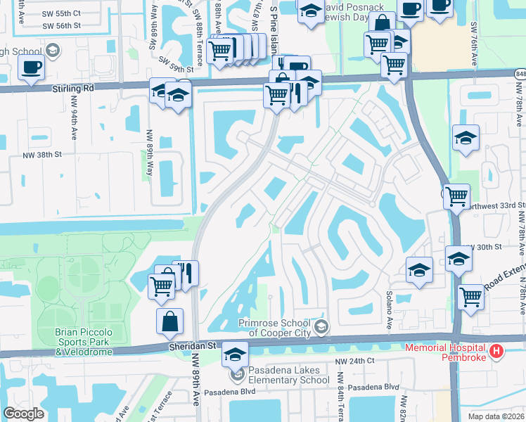 map of restaurants, bars, coffee shops, grocery stores, and more near 8535 Northwest 37th Court in Pembroke Pines