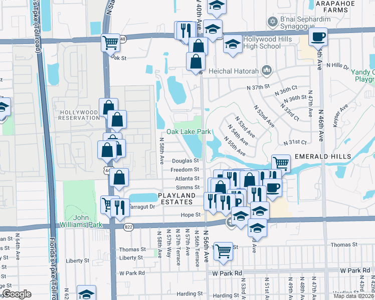map of restaurants, bars, coffee shops, grocery stores, and more near 3025 North 57th Drive in Hollywood