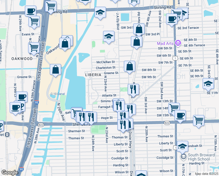 map of restaurants, bars, coffee shops, grocery stores, and more near 2228 Douglas Street in Hollywood