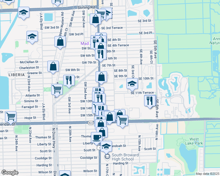 map of restaurants, bars, coffee shops, grocery stores, and more near 34 Southeast 10th Terrace in Dania Beach