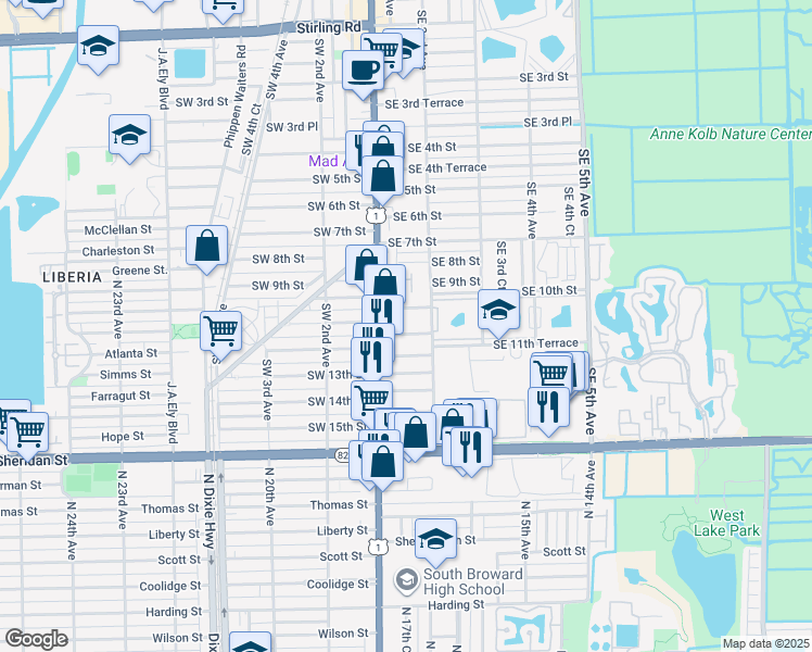 map of restaurants, bars, coffee shops, grocery stores, and more near 34 Southeast 10th Terrace in Dania Beach