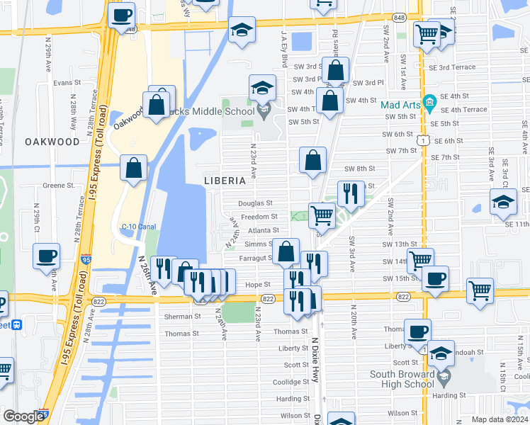 map of restaurants, bars, coffee shops, grocery stores, and more near 2228 Douglas Street in Hollywood