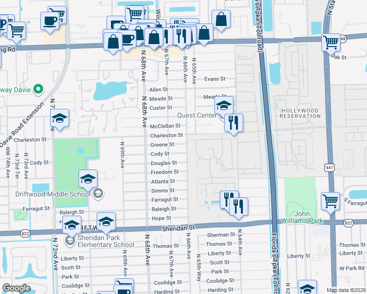 map of restaurants, bars, coffee shops, grocery stores, and more near 6611 Greene Street in Hollywood