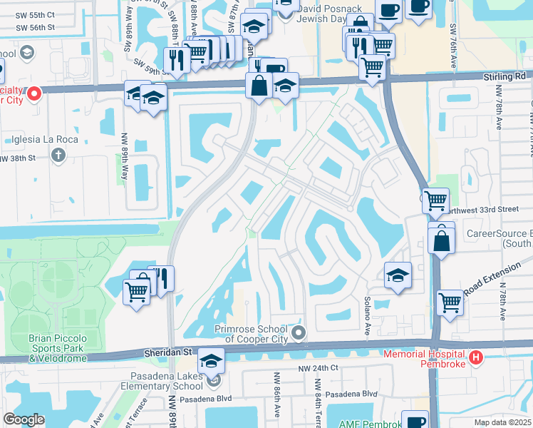 map of restaurants, bars, coffee shops, grocery stores, and more near 3720 Northwest 84th Way in Pembroke Pines
