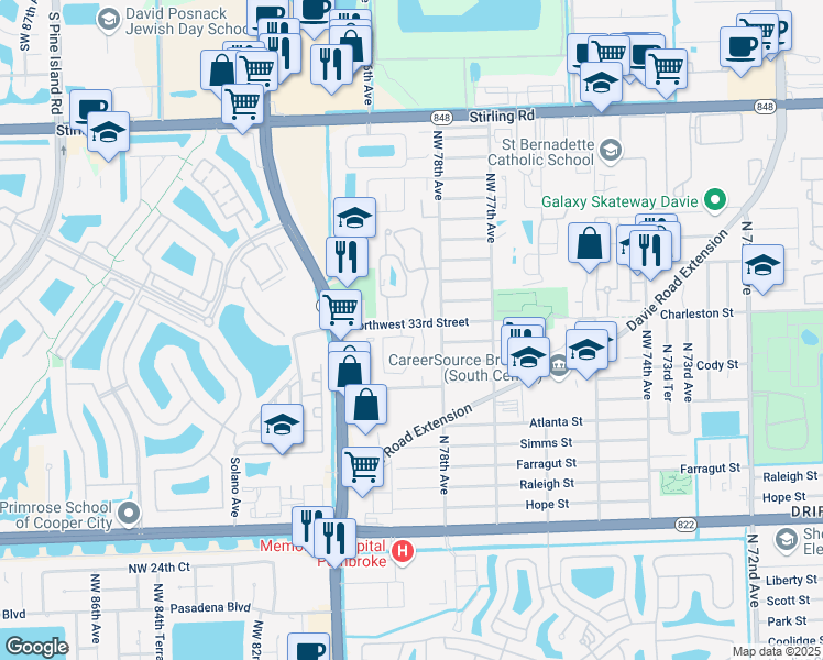 map of restaurants, bars, coffee shops, grocery stores, and more near 3211 Sabal Palm Manor in Hollywood