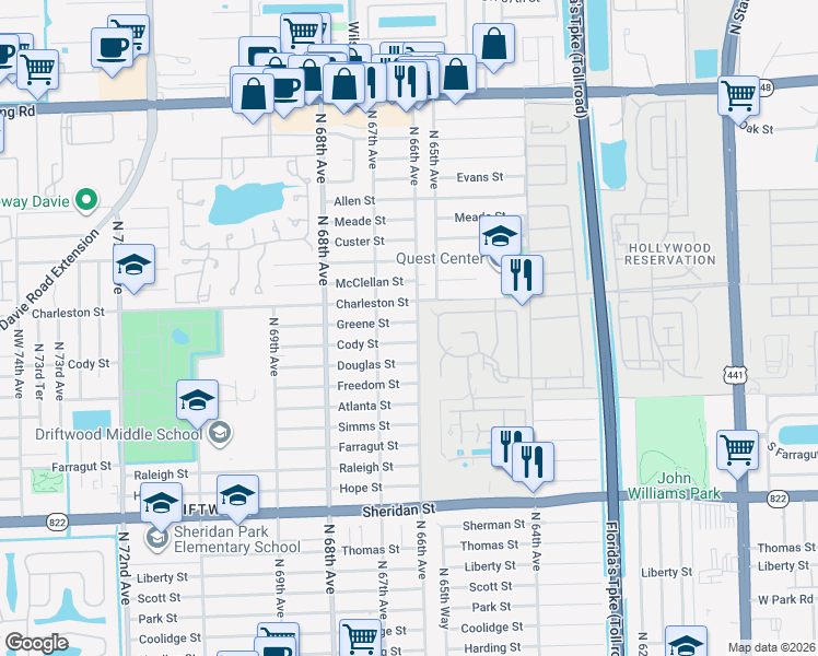 map of restaurants, bars, coffee shops, grocery stores, and more near 6611 Greene Street in Hollywood