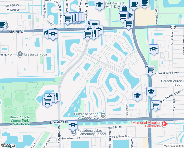 map of restaurants, bars, coffee shops, grocery stores, and more near 3720 Northwest 84th Way in Pembroke Pines