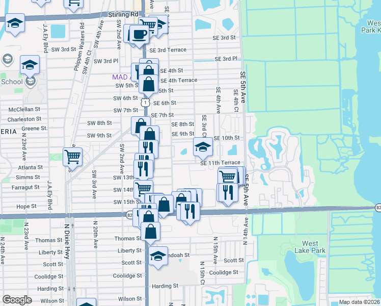 map of restaurants, bars, coffee shops, grocery stores, and more near 1025 Southeast 3rd Avenue in Dania Beach