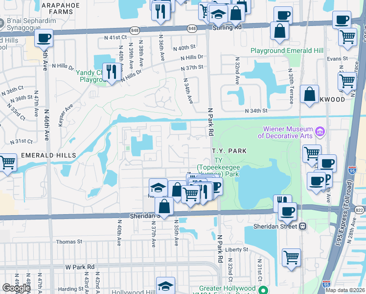 map of restaurants, bars, coffee shops, grocery stores, and more near 3351 Oak Drive in Hollywood