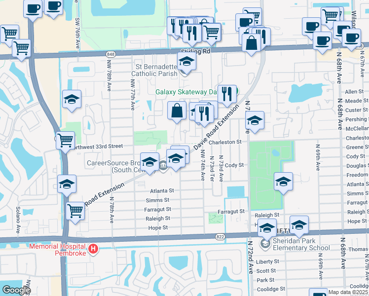 map of restaurants, bars, coffee shops, grocery stores, and more near 7485 Davie Road Extension in Hollywood