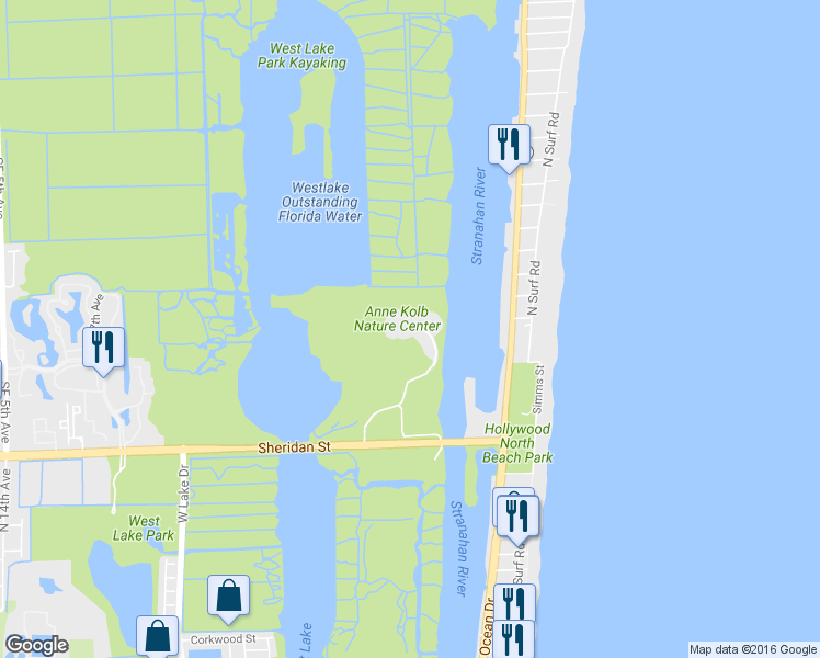 map of restaurants, bars, coffee shops, grocery stores, and more near 720 Sheridan Street in Hollywood
