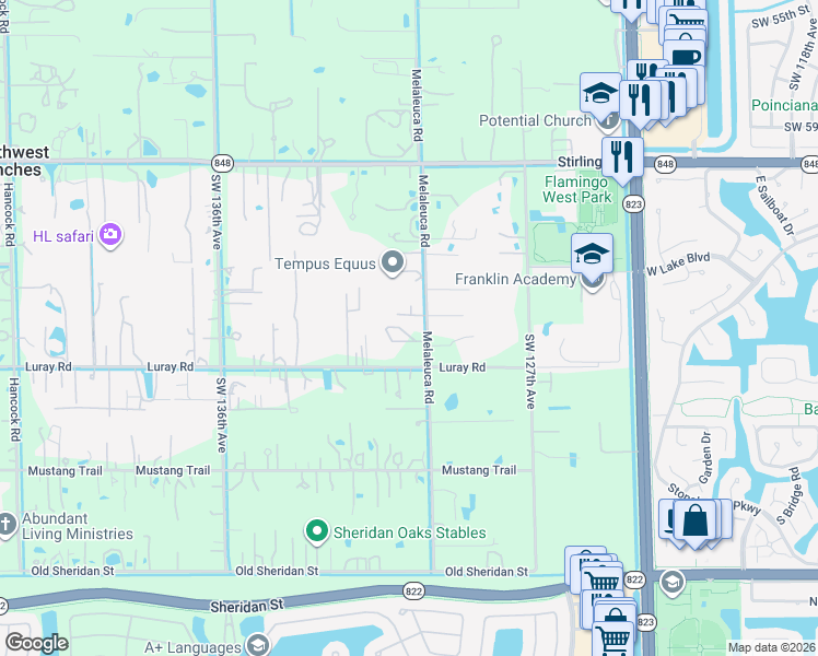 map of restaurants, bars, coffee shops, grocery stores, and more near 6509 Southwest 130th Avenue in Southwest Ranches