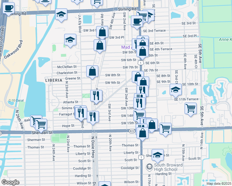 map of restaurants, bars, coffee shops, grocery stores, and more near 242 Southwest 11th Street in Dania Beach