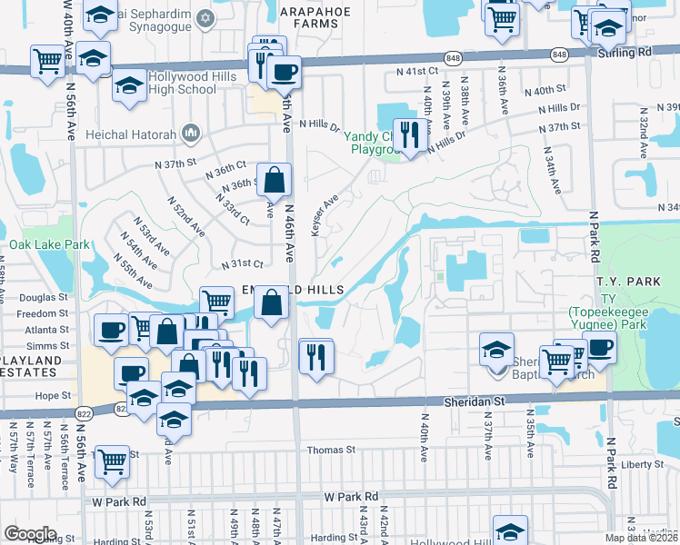 map of restaurants, bars, coffee shops, grocery stores, and more near 4381 Casper Court in Hollywood