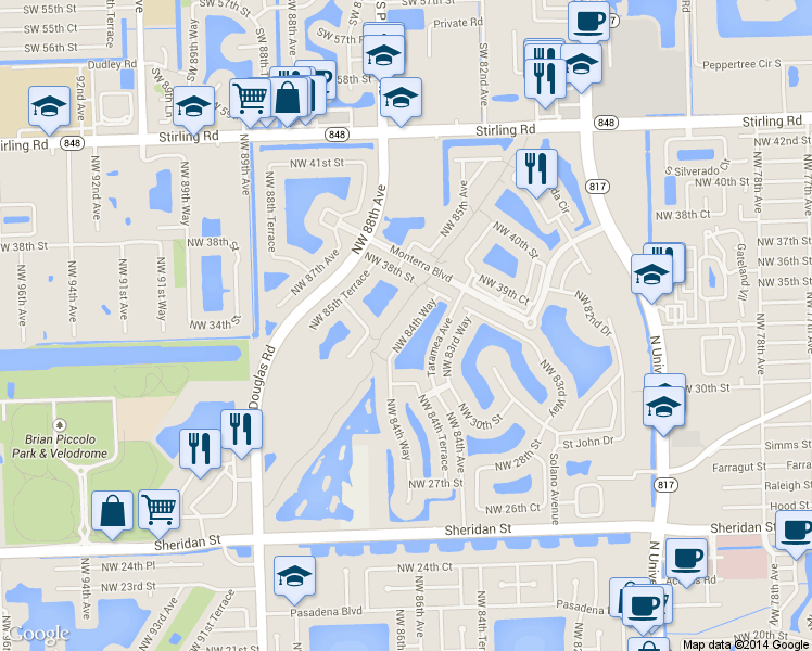 map of restaurants, bars, coffee shops, grocery stores, and more near 3720 Northwest 84th Way in Pembroke Pines