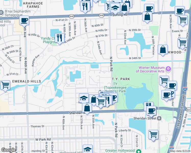 map of restaurants, bars, coffee shops, grocery stores, and more near 3441 Oak Drive in Hollywood