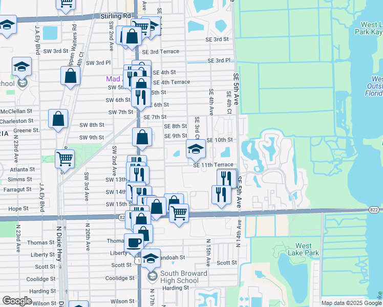 map of restaurants, bars, coffee shops, grocery stores, and more near 1025 Southeast 3rd Avenue in Dania Beach