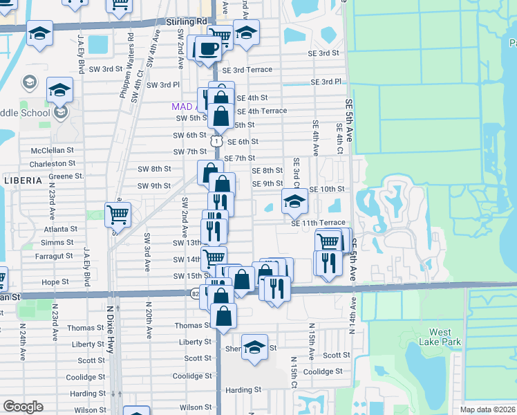 map of restaurants, bars, coffee shops, grocery stores, and more near 202 Southeast 10th Street in Dania Beach