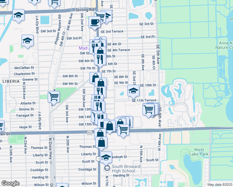 map of restaurants, bars, coffee shops, grocery stores, and more near 202 Southeast 10th Street in Dania Beach