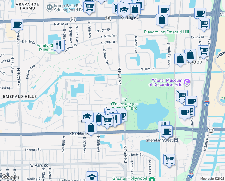 map of restaurants, bars, coffee shops, grocery stores, and more near 3321 Oak Drive in Hollywood