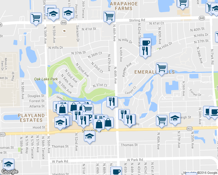 map of restaurants, bars, coffee shops, grocery stores, and more near 4700 North 31st Court in Hollywood