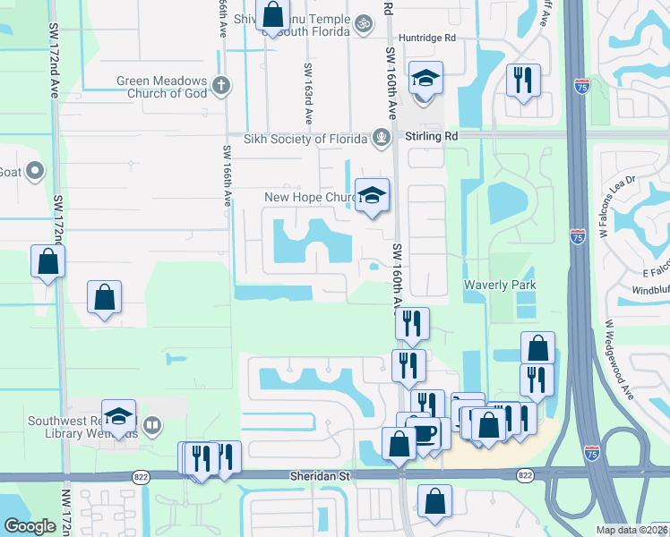 map of restaurants, bars, coffee shops, grocery stores, and more near 16227 Erie Place in Davie