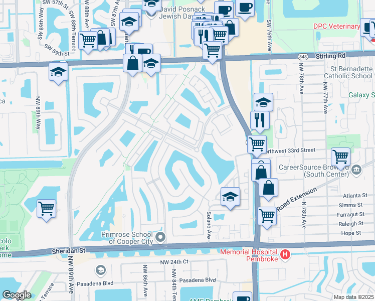 map of restaurants, bars, coffee shops, grocery stores, and more near 8295 Northwest 38th Street in Pembroke Pines