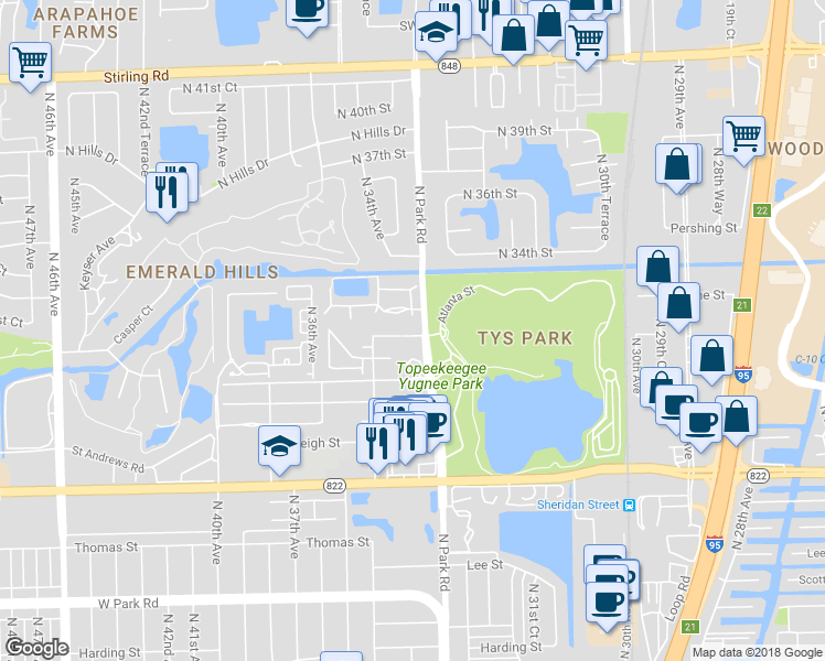 map of restaurants, bars, coffee shops, grocery stores, and more near 3321 Oak Drive in Hollywood