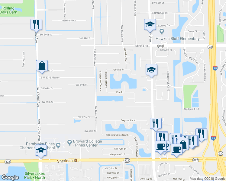 map of restaurants, bars, coffee shops, grocery stores, and more near 16427 Erie Pl in Davie