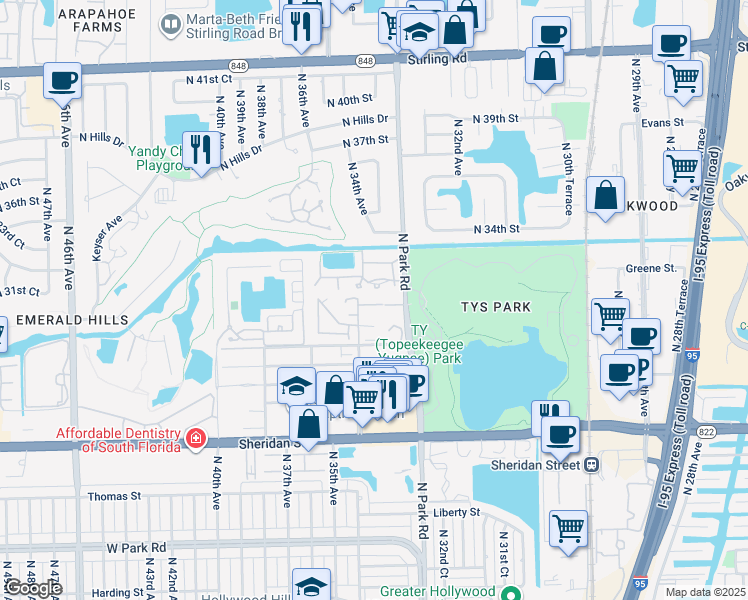 map of restaurants, bars, coffee shops, grocery stores, and more near 3351 Oak Drive in Hollywood