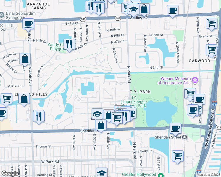 map of restaurants, bars, coffee shops, grocery stores, and more near 3441 Oak Drive in Hollywood