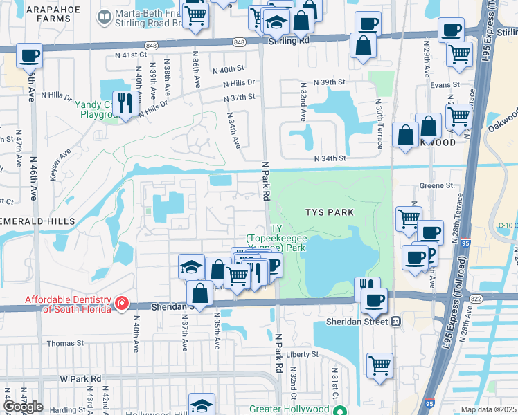map of restaurants, bars, coffee shops, grocery stores, and more near 3321 Oak Drive in Hollywood