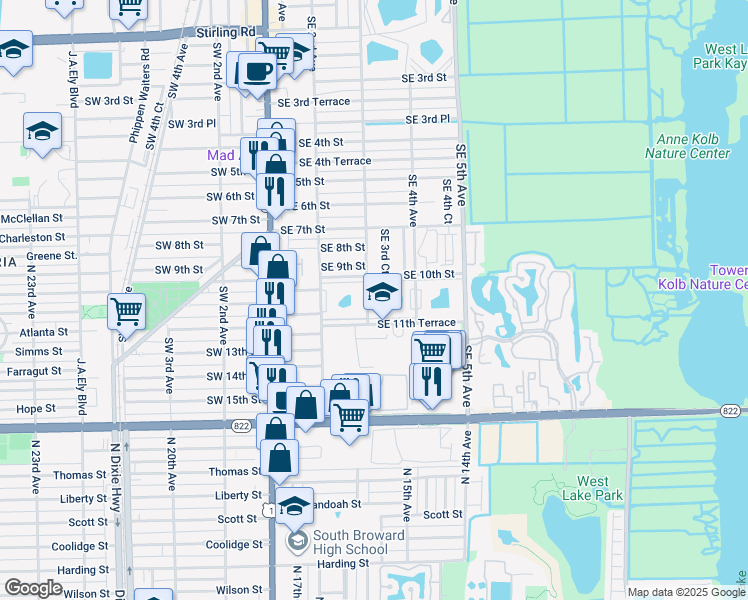 map of restaurants, bars, coffee shops, grocery stores, and more near 1025 Southeast 3rd Avenue in Dania Beach