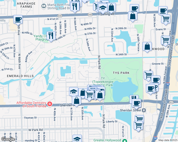 map of restaurants, bars, coffee shops, grocery stores, and more near 3351 Oak Dr in Hollywood