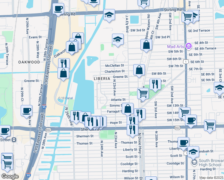 map of restaurants, bars, coffee shops, grocery stores, and more near 2312 Douglas Street in Hollywood