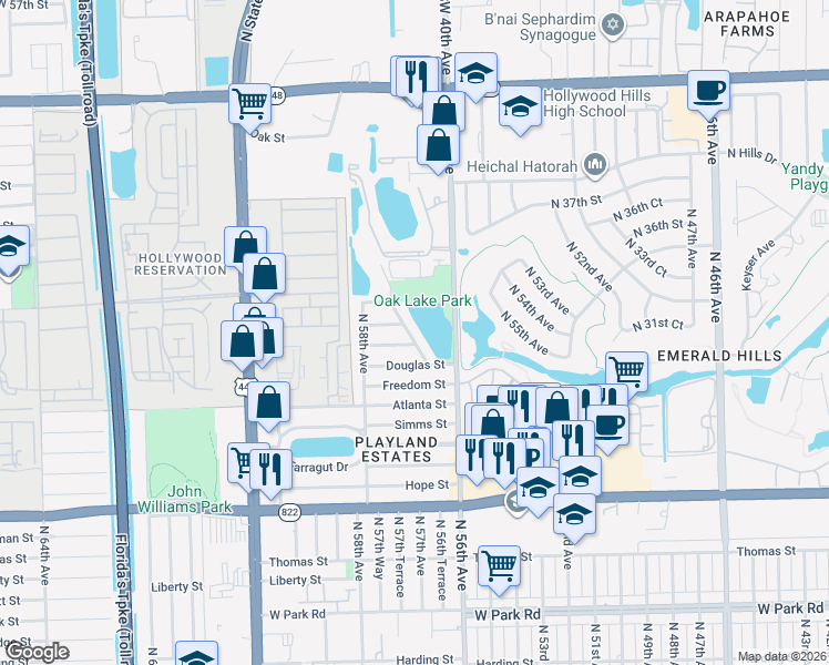 map of restaurants, bars, coffee shops, grocery stores, and more near 3025 North 57th Drive in Hollywood
