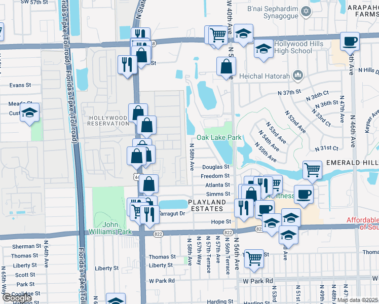 map of restaurants, bars, coffee shops, grocery stores, and more near a40 Randolph Clay Drive in Hollywood