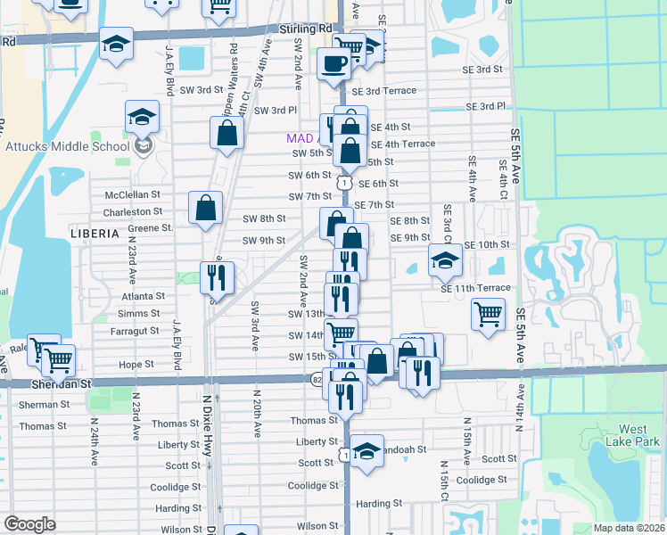 map of restaurants, bars, coffee shops, grocery stores, and more near 1040 U.S. 1 in Dania Beach