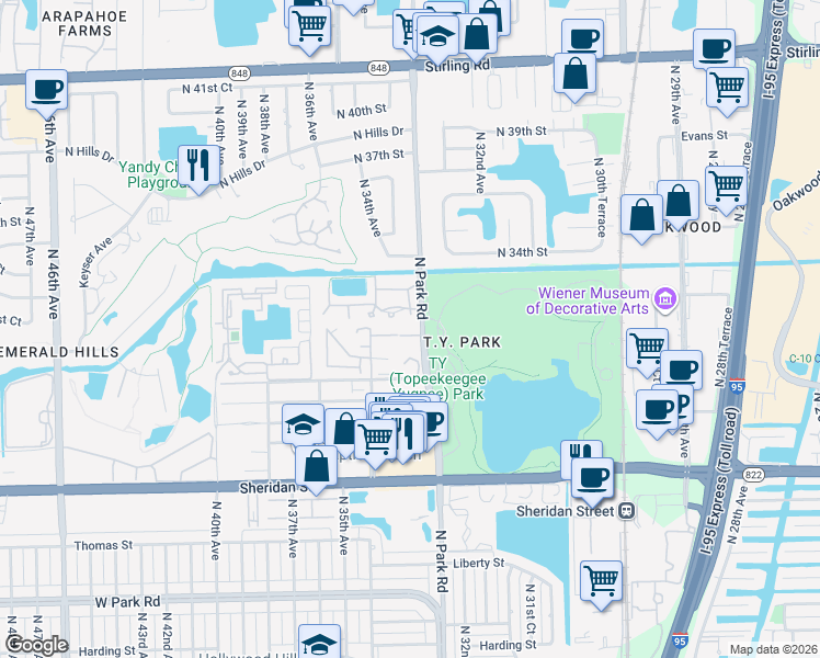 map of restaurants, bars, coffee shops, grocery stores, and more near 3321 Oak Drive in Hollywood
