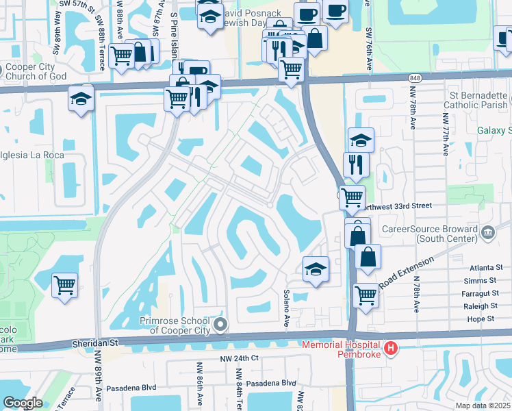 map of restaurants, bars, coffee shops, grocery stores, and more near 8295 Northwest 38th Street in Pembroke Pines