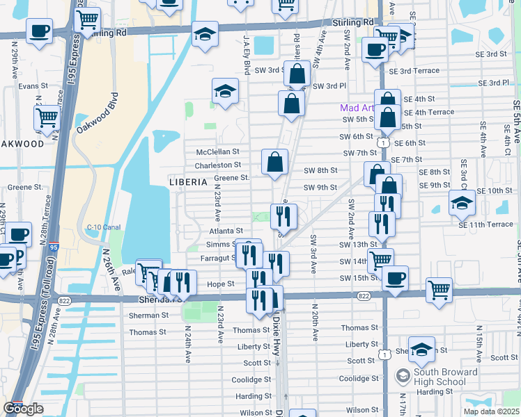 map of restaurants, bars, coffee shops, grocery stores, and more near 715 Southwest 10th Street in Dania Beach