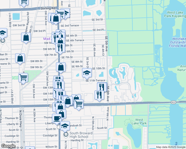 map of restaurants, bars, coffee shops, grocery stores, and more near 1024 Southeast 4th Avenue in Dania Beach