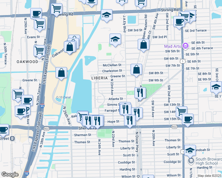 map of restaurants, bars, coffee shops, grocery stores, and more near 2312 Douglas Street in Hollywood