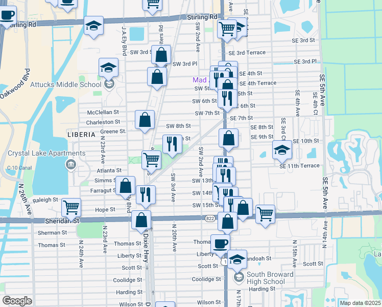 map of restaurants, bars, coffee shops, grocery stores, and more near 242 Southwest 11th Street in Dania Beach