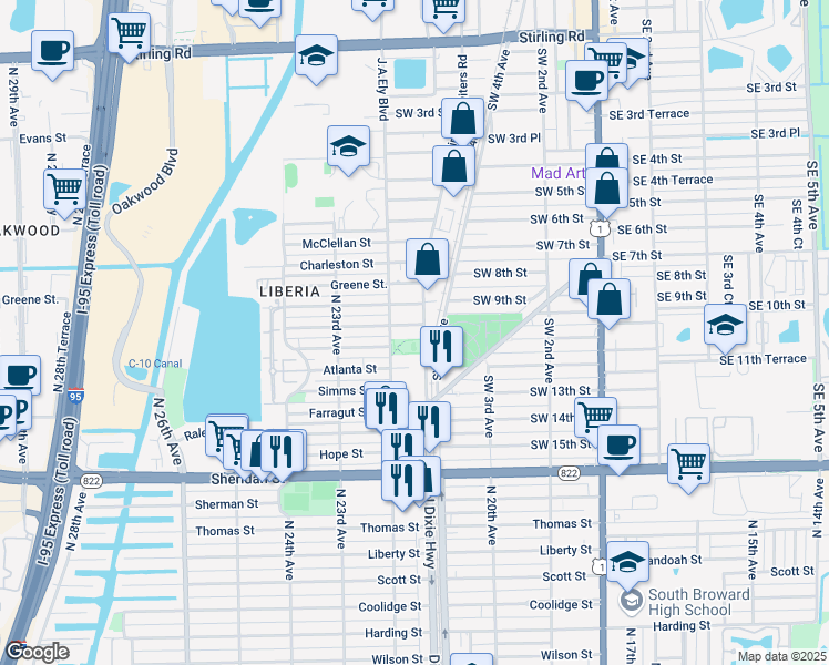 map of restaurants, bars, coffee shops, grocery stores, and more near 715 Southwest 10th Street in Dania Beach