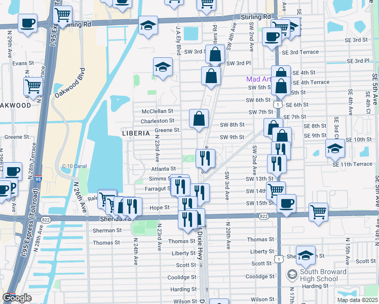 map of restaurants, bars, coffee shops, grocery stores, and more near 715 Southwest 10th Street in Dania Beach